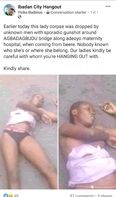 Unknown Gunmen Drops Dead Lady By Road Side In Ibadan (Photos)