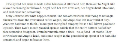 Only Jeanette saw what happened next. The two officers were still trying to untangle themselves from the overturned coffee wagon, and Angel was lost in a world of fury. Jeanette had time to think, I’m not just seeing bad temper; this is a full-blown psychotic episode. Then Evie’s mouth yawned open so widely that the entire bottom half of her face seemed to disappear. From her mouth came a flock—no, a flood—of moths.