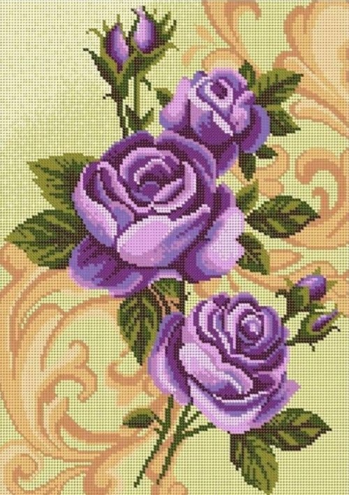 Purple Rose Bouquet with Glamorous Ornament Background - Free Cross Stitch Pattern