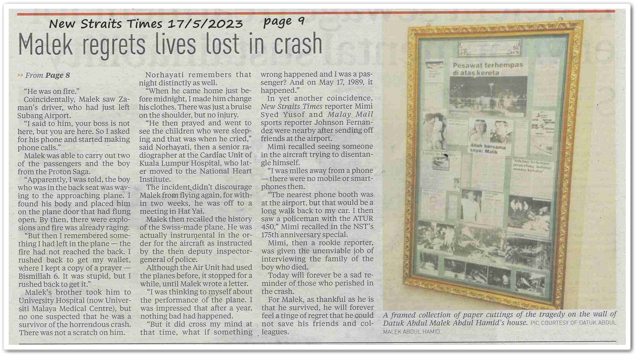 Recalling plane crash on highway ; Malek regrets lives lost in crash - Keratan akhbar New Straits Times 17 May 2023