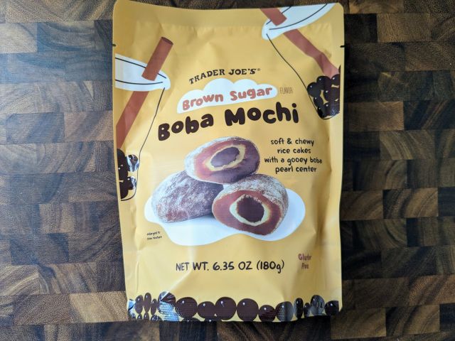 The packaging for Trader Joe's Brown Sugar Boba Mochi.