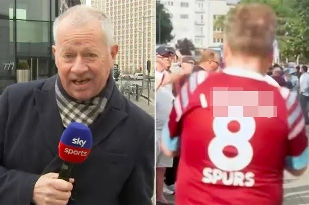 West Ham fan photobombs Sky Sports' live broadcast with F-word Spurs kit