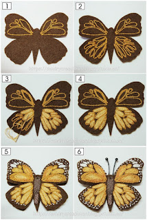 seis pasos donde se muestra el proceso de bordado del broche mariposa marrón