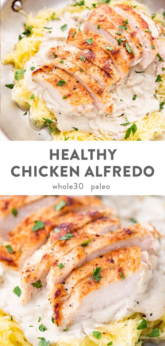 A rich and creamy chicken alfredo made with a dairy-free cashew alfredo sauce and tender spaghetti squash "noodles." Shockingly good.