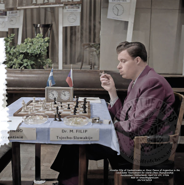 Miroslav Filip of Czechoslovakia plays the black pieces against Oscar Panno of Argentina in the Candidates Tournament for World Chess Championship in Amsterdam, Netherlands, April 05-09, 1956.