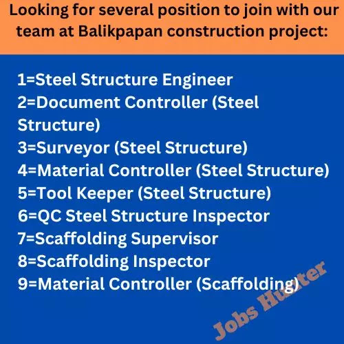 Looking for several position to join with our team at Balikpapan construction project: