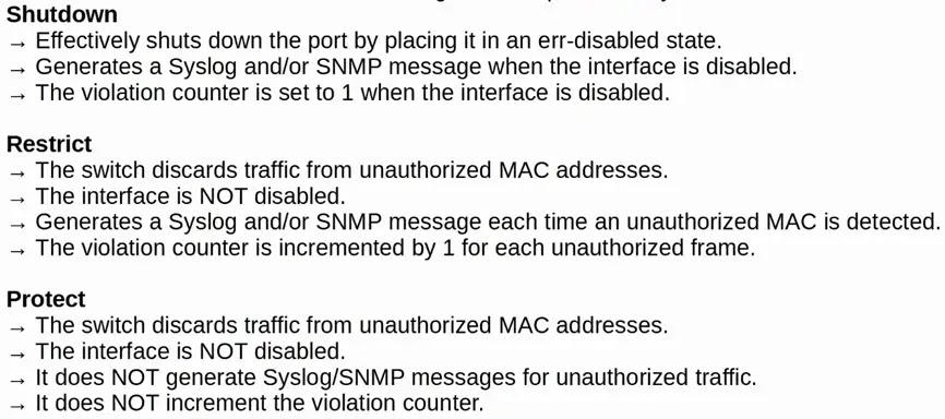 cisco port security violation modes summary