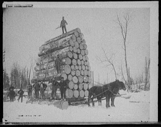 horses pulling load of logs