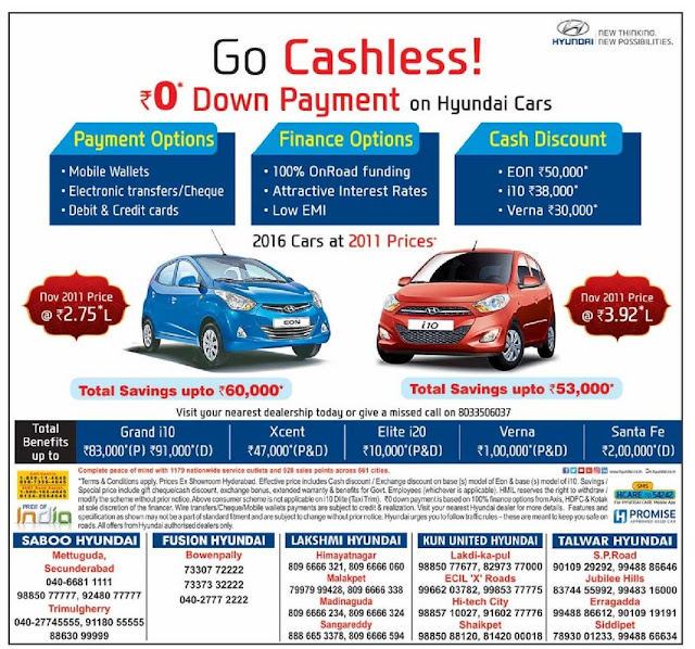 Zero (0) down payment and 100% on road funding on Hyundai cars | November 2016 discount offers