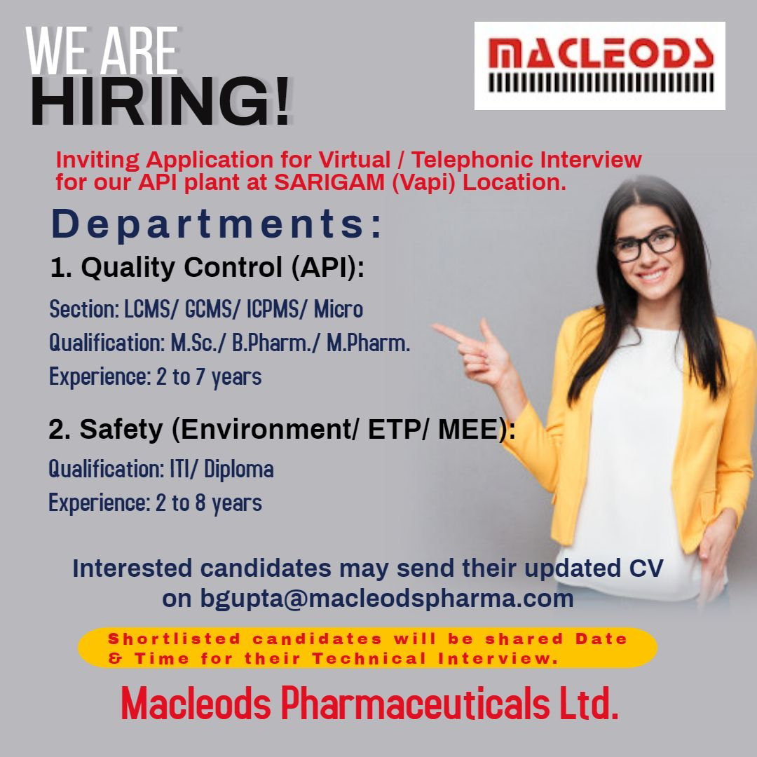 Job Availables, Macleods Pharmaceuticals Telephonic Interview for MSc/ B.Pharm/ M.Pharm/ Diploma/ ITI -  QC / Safety