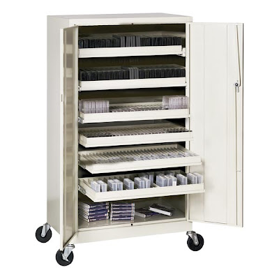 mobile media storage cabinet siwht different kinds of media inside