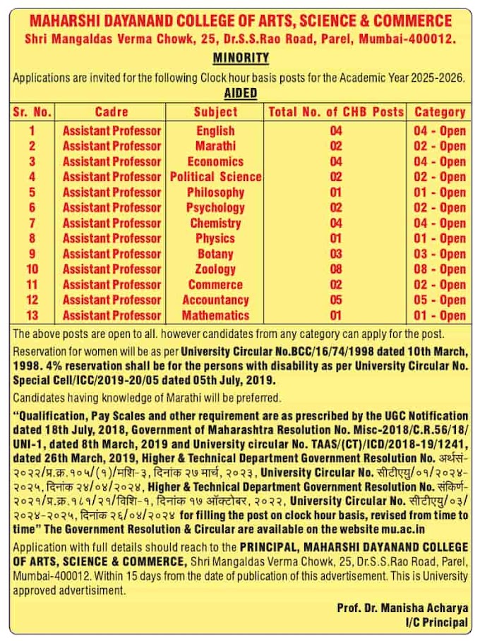 Maharshi Dayanand College Mumbai Botany/Zoology Faculty Jobs