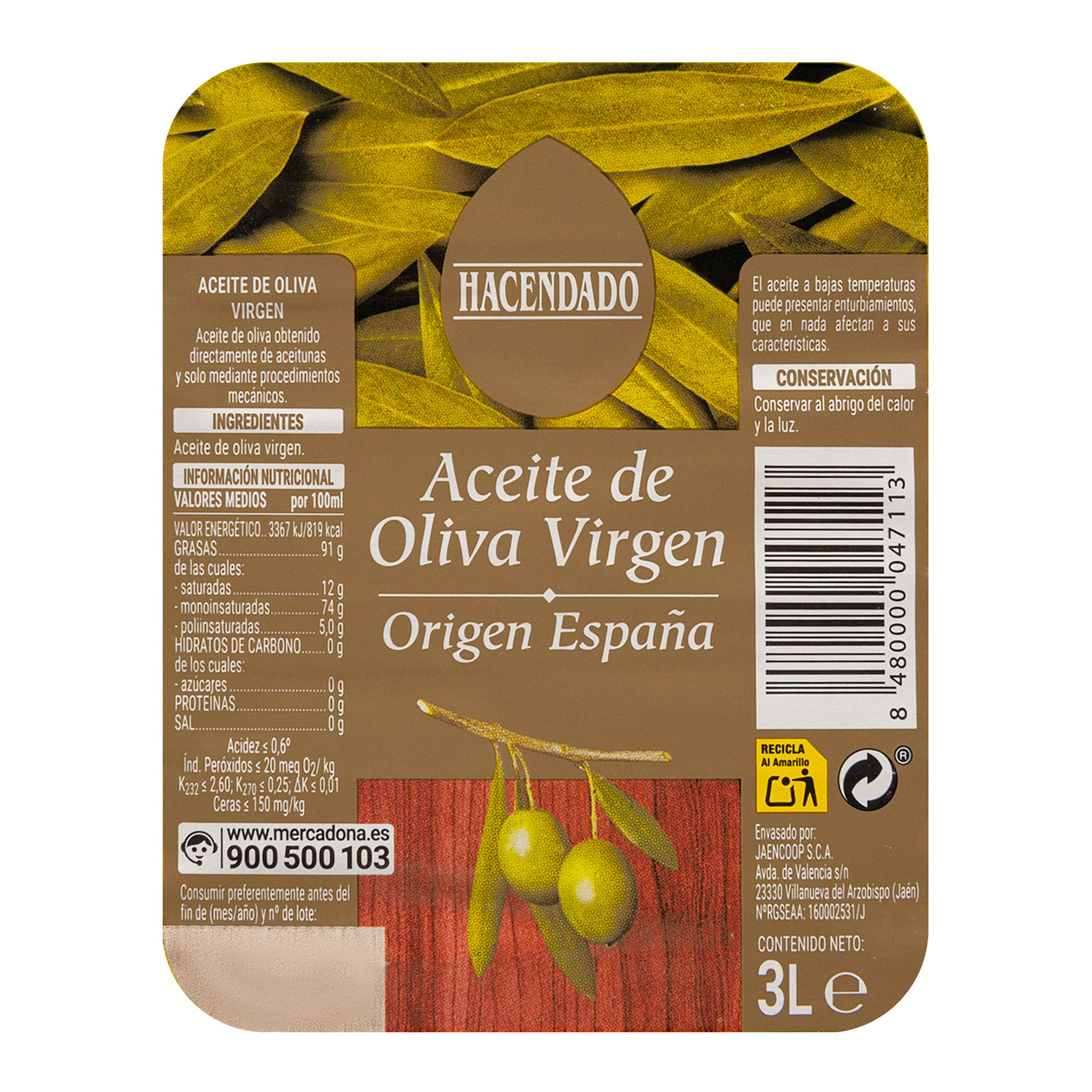 Aceite de oliva virgen garrafa Hacendado