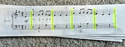 Close up of cutting music into measures from And Next Comes L