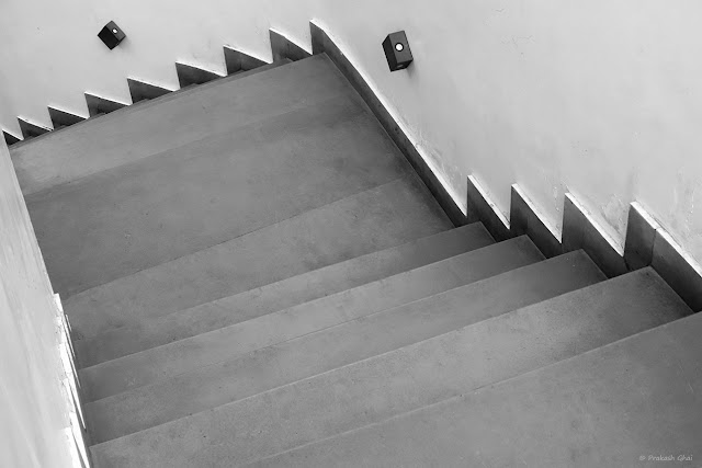 A Black and White Minimal Art Photograph of a Staircase at Forresta Cafe Jaipur.