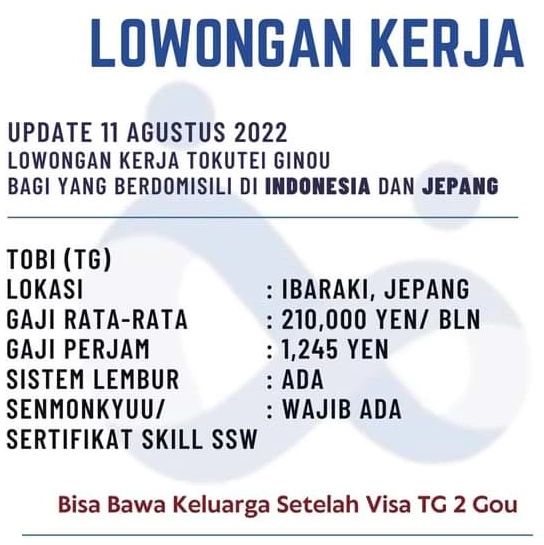 UPDATE LOWONGAN KERJA TOKUTEI GINOU di INDONESIA dan JEPANG