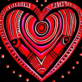 intricate heart, african Painterly style, red stripes, bright red dots, neon red