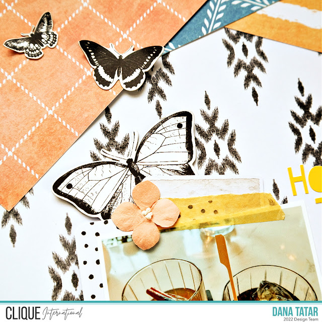 Mixed Print Layered Fall Drinks Scrapbook Layout with Die-cut Butterflies Paper Flowers Letter Stickers and Washi Tape