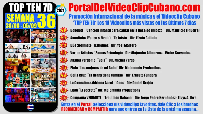 Artistas ganadores del * TOP TEN 7D * con los 10 Videoclips más vistos en la semana 36 (30/08 a 05/09 de 2021) en el Portal Del Vídeo Clip Cubano