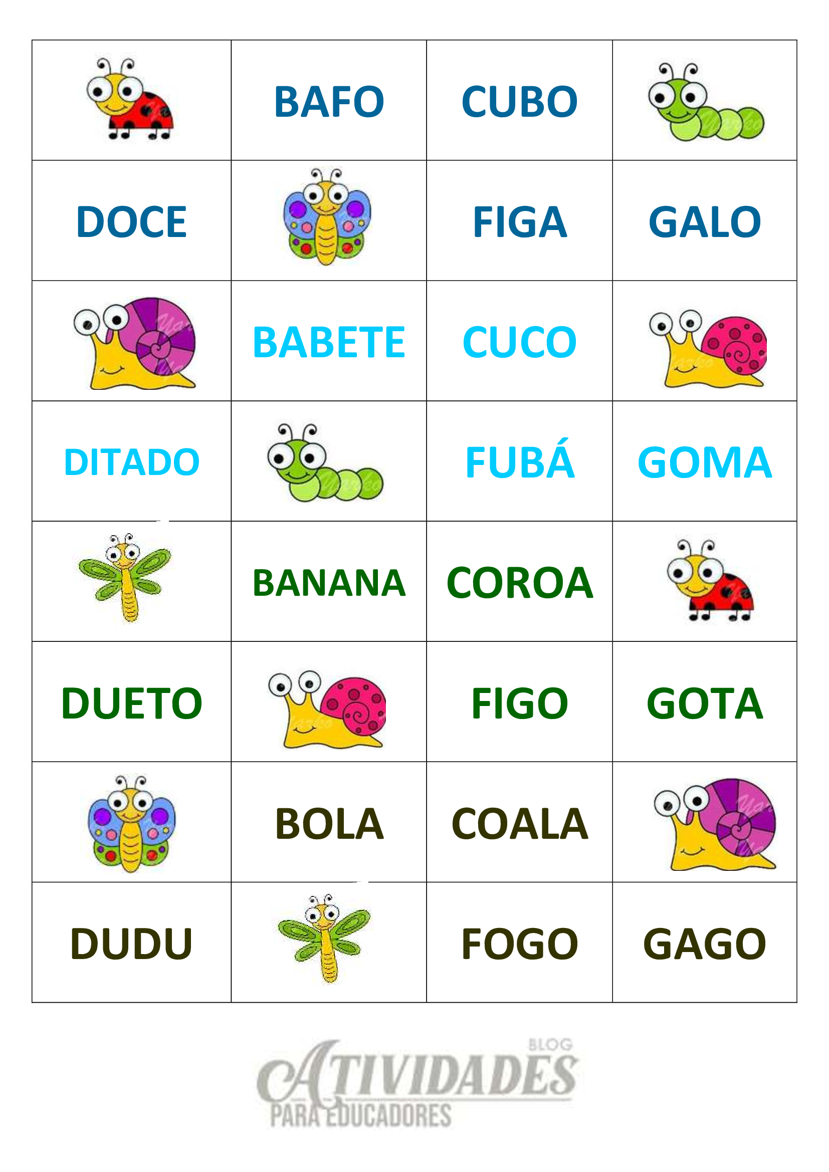 Cartelas do bingo com palavras que têm B, C, D, F, G