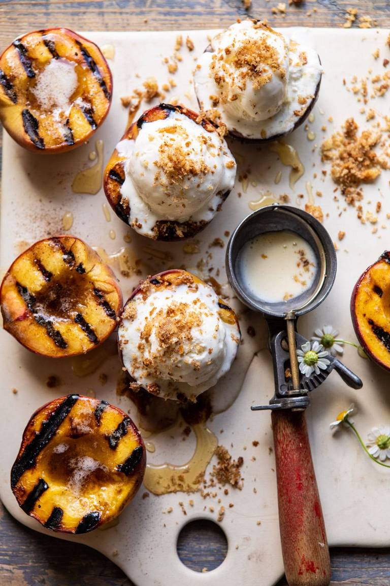 Easy Grilled Peaches with ice cream - summer fruit dessert recipe | Land of Honey