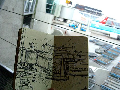 My sketch of the scene outside the airport window of planes.