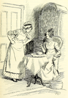 Like her father, Mr Woodhouse, Mrs John Knightley liked a basin of gruel for supper, but her cook was unable to make anything tolerable from Emma by Jane Austen 1896 edition illustrated by Hugh Thomson