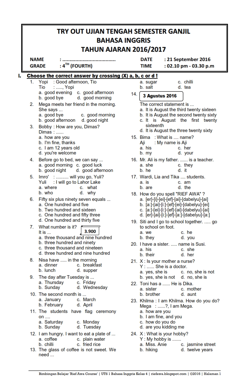 Download Soal UTS Ganjil Bahasa Inggris Kelas 4 Semester 1 