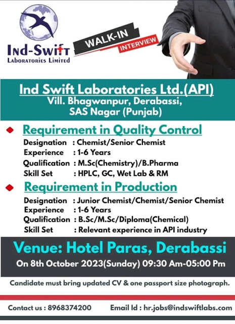 Ind Swift Laboratories Walk In Interview For Production and Quality Control