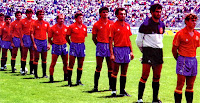 Selección de ESPAÑA - Temporada 1985-86 - Camacho, Tomás, Francisco, Julio Salinas, Goicoechea, Calderé, Víctor, Michel, Ricardo Gallego, Zubizarreta y Butragueño - ARGELIA 0, ESPAÑA 3 (Calderé 2 y Eloy) - 12/06/1986 - Mundial de México 1986, fase de grupos - Monterrey (México), estadio Tecnológico - Alineación: Zubizarreta; Tomás, Ricardo Gallego, Goicoechea, Camacho; Víctor, Francisco, Michel (Señor, 65'), Calderé; Butragueño (Eloy, 46') y Julio Salinas