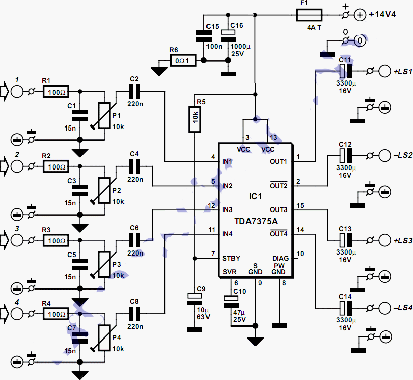 Quad Car Amplifier Circuit  Diagram Project Schematic  