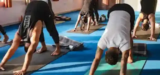 Individuals doing yoga.  Les Mills aerobic step