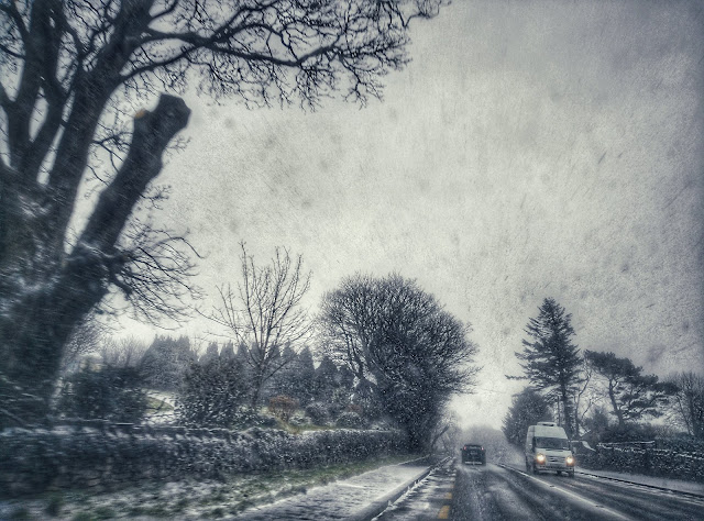 image taken while in the car, snowing heavily 