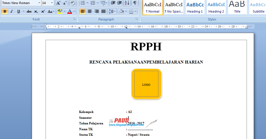 Download Contoh RPPH PAUD Kurikulum 2013 Semester 1 Minggu 