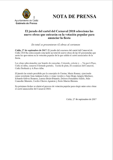 El jurado del cartel del Carnaval 2018 selecciona las nueve obras que entrarán en la votación popular para anunciar la fiesta