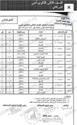 جداول امتحانات الدور الثانى لجميع مراحل النقل والشهادات الازهرية 2017 جدول الملاحق