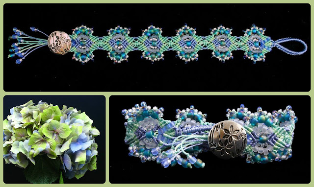 Hydrangeas micro macrame bracelet variation by Nadja Shields of Imbali Crafts.