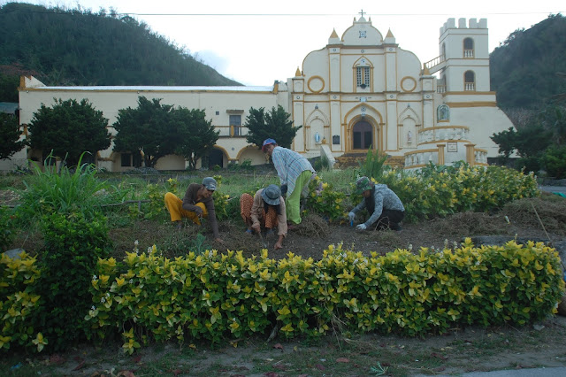 Four ladies do gardening work in front of the Church in Ivana, Batanes