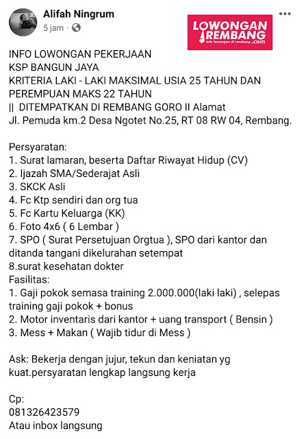 Lowongan Kerja Pegawai Koperasi Simpan Pinjam KSP Bangun Jaya Ngotet Rembang