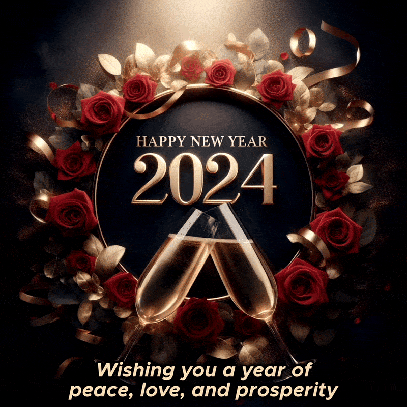 Animated Happy New Year 2024 Wishes Images with flowers and champagne toast