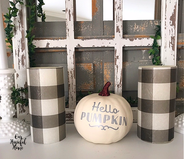 white Hello Pumpkin black white buffalo check LED candles