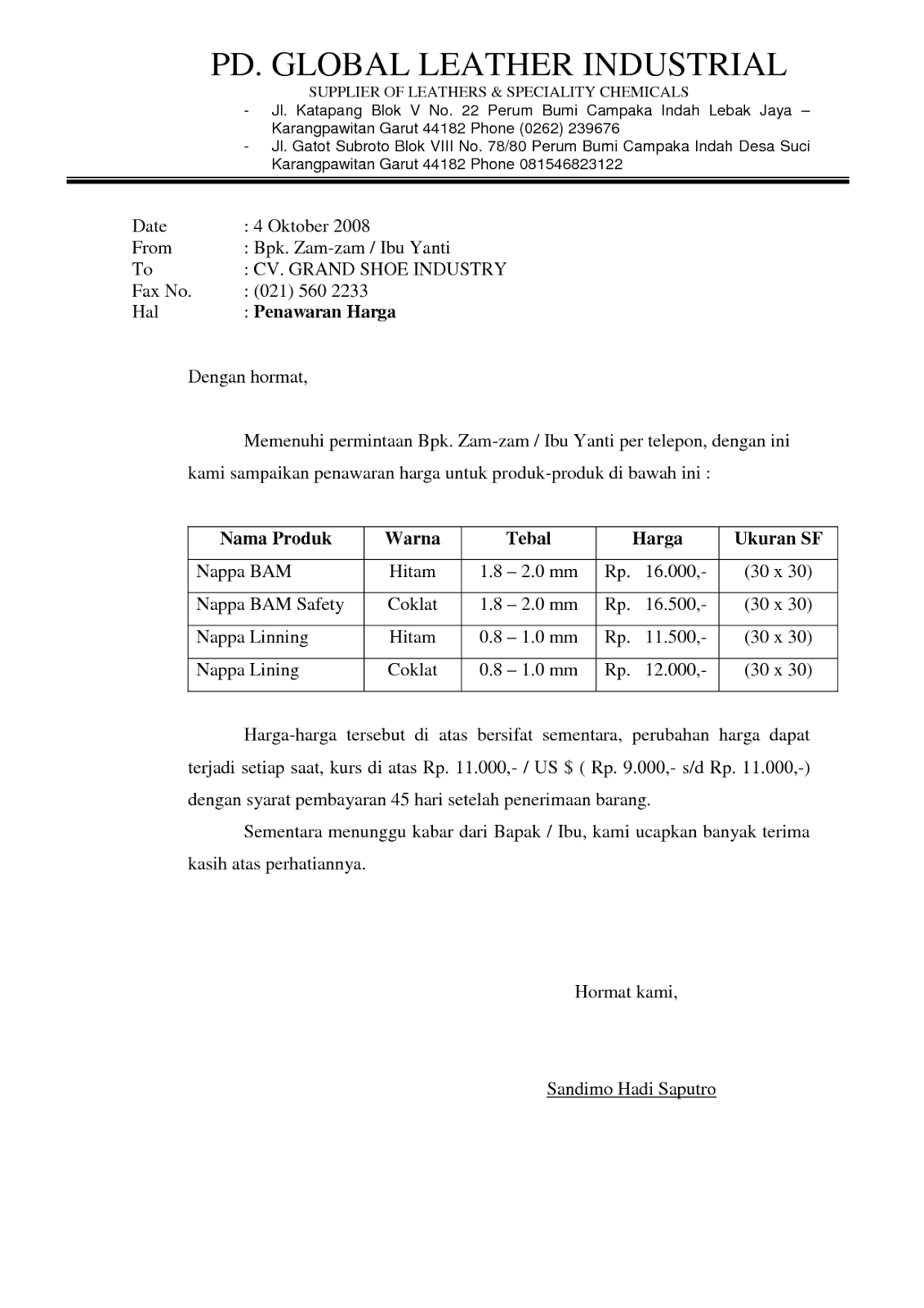 Contoh Surat Pembayaran Harga Barang