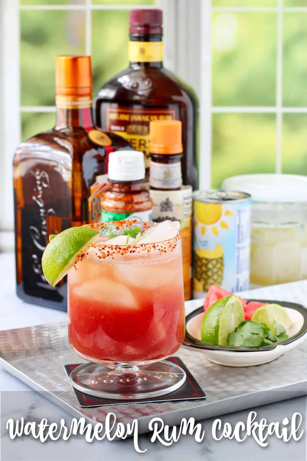 Watermelon Rum and Sparkling Wine Cocktail with the ingredient bottles in the background.