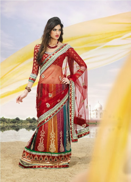 Alluring Brick Red, Beige Brown & Honeydew Embroidered Saree