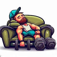 Cartoon of a CrossFit athlete napping on a couch with dumbbells as pillows.