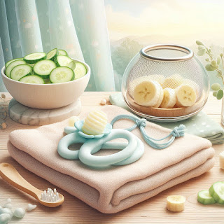 A soothing display of teething relief essentials: a chilled teething ring, a cold washcloth, a mesh feeder with banana, and fresh cucumber slices on a wooden surface.