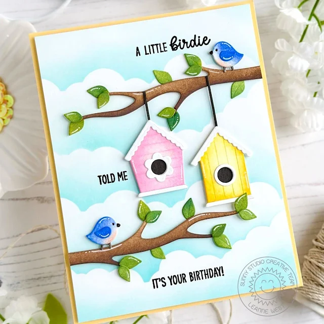 Sunny Studio Stamps: Tree Branch & Little Birdie Birthday Card by Leanne West (featuring Fluffy Cloud Border Dies, Build-A-Birdhouse Dies)
