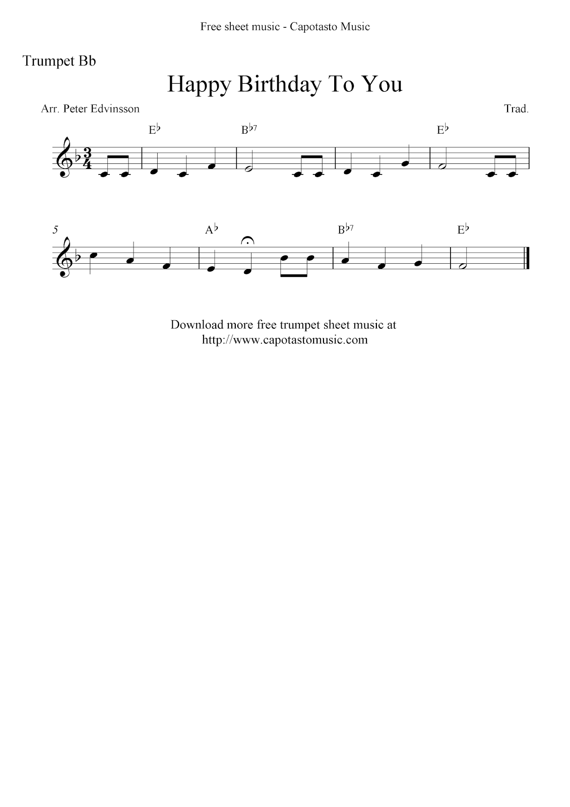 Happy Birthday To You, free trumpet sheet music notes