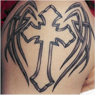 winged tribal tattoos crosses design