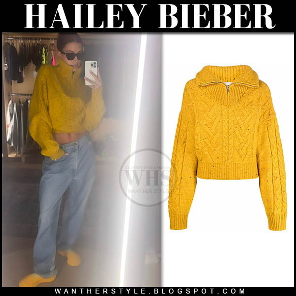Hailey Bieber in yellow cable knit sweater and yellow sneakers